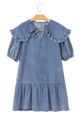 Dusk Blue Ruffle Collar Side Pockets Puff Sleeve Denim Mini Dress