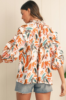 Yellow Abstract Print Drawstring Frill V Neck 3/4 Sleeve Blouse