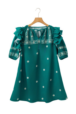 Skobeloff Boho Floral Puff Sleeve Tie Neck Mini Dress