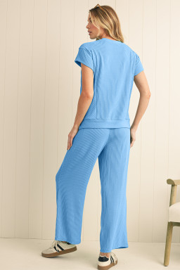 Blue Solid Corded Short Sleeve T Shirt and Wide Leg Pants Set