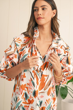 Yellow Abstract Print Drawstring Frill V Neck 3/4 Sleeve Blouse