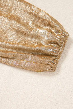 Gold Solid Color Bowknot Front Puff Sleeve Blouse