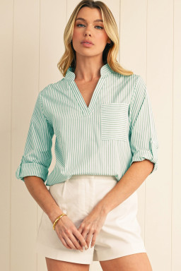 Green Stripe V Neck Pocket Roll-Up Sleeve Shirt