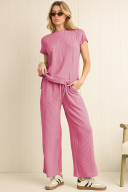 Bright Pink Solid Corded Short Sleeve T Shirt and Wide Leg Pants Set