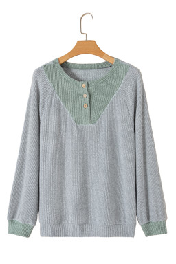 Light Grey Contrast Ribbed Loose Fit Henley Top