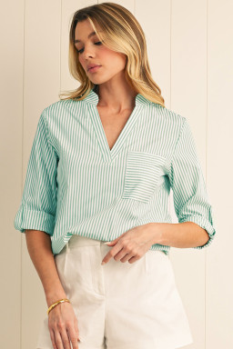 Green Stripe V Neck Pocket Roll-Up Sleeve Shirt