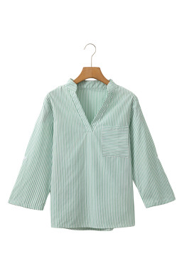 Green Stripe V Neck Pocket Roll-Up Sleeve Shirt