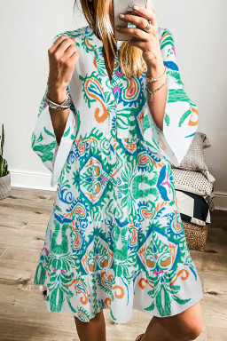 Green Ethnic Print Boho Tiered Mini Flowy Dress