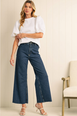 White Solid Textured O Neck Puff Sleeve Blouse