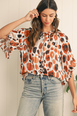 Brown Abstract Print Ruffle 3/4 Sleeve Tie Neck Blouse