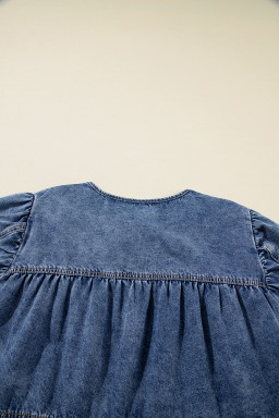 Sail Blue Plus Size Tie V Neck Puff Sleeve Denim Blouse