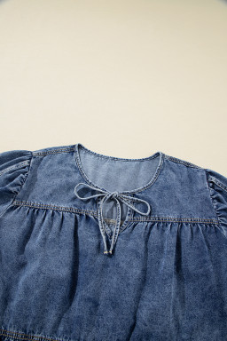 Sail Blue Plus Size Tie V Neck Puff Sleeve Denim Blouse