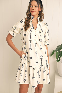 Beige Cute Bowknot Printed Bubble Sleeve V Neck Mini Dress