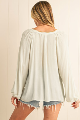 Beige Floral Embroidered Crinkle Puff Sleeve Loose Blouse
