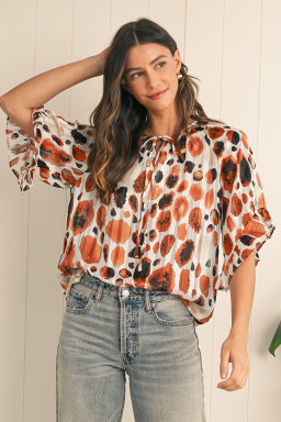 Brown Abstract Print Ruffle 3/4 Sleeve Tie Neck Blouse