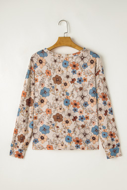 Khaki Allover Floral Print Crew Neck Long Sleeve Top