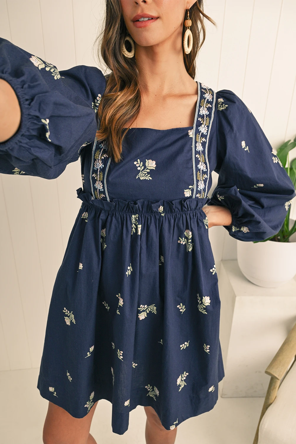 Babyhug Rayon Full Sleeves  Floral Printed Dress with Frill Detailing & Headband - Navy Blue main image 1