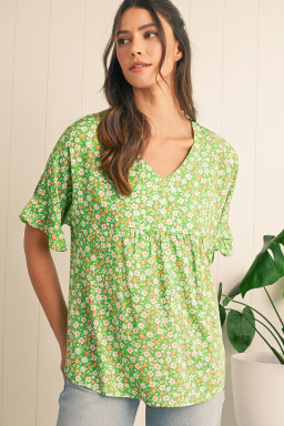 Green Floral Print Ruffle Sleeve V Neck Pleated Blouse