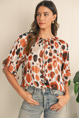 Brown Abstract Print Ruffle 3/4 Sleeve Tie Neck Blouse