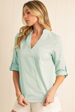 Green Stripe V Neck Pocket Roll-Up Sleeve Shirt