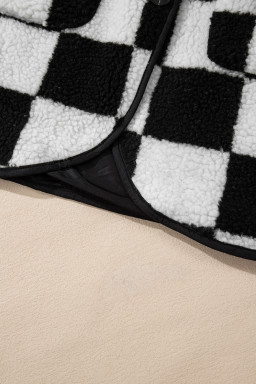 Black Checkered Side Pockets Collared Buttoned Fleece Jacket