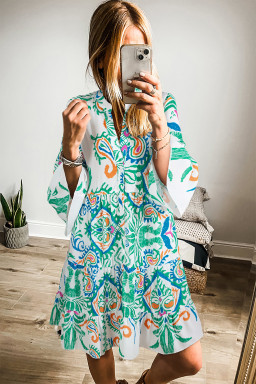 Green Ethnic Print Boho Tiered Mini Flowy Dress
