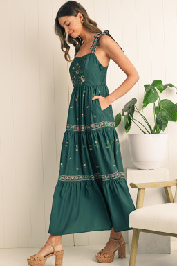 Blackish Green Boho Floral Print Sleeveless Dress