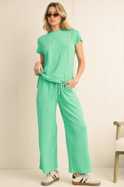 Bright Green Solid Corded T Shirt and Wide Leg Pants Set