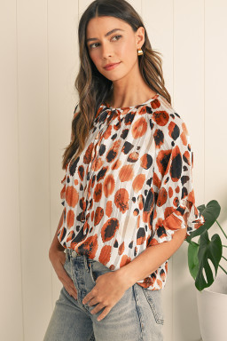 Brown Abstract Print Ruffle 3/4 Sleeve Tie Neck Blouse