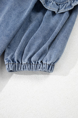 Dusk Blue Ruffle Collar Side Pockets Puff Sleeve Denim Mini Dress