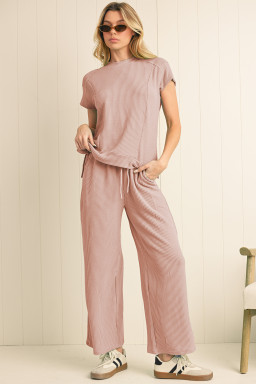 Solid Corded Short Sleeve T Shirt And Wide Leg Pants Set