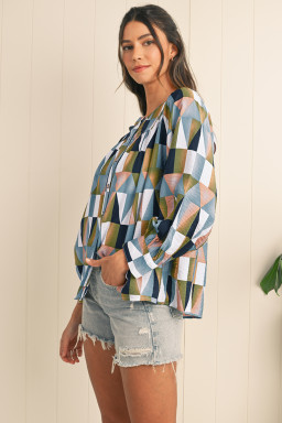 Green Geometric Print Button Balloon Sleeve Loose Fit Shirt
