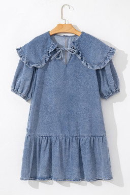Dusk Blue Ruffle Collar Side Pockets Puff Sleeve Denim Mini Dress