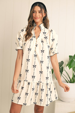 Beige Cute Bowknot Printed Bubble Sleeve V Neck Mini Dress