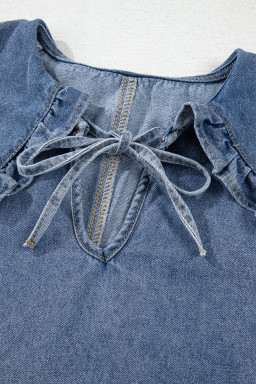 Dusk Blue Ruffle Collar Side Pockets Puff Sleeve Denim Mini Dress
