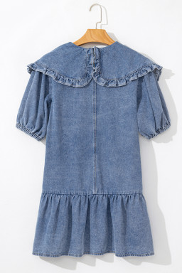 Dusk Blue Ruffle Collar Side Pockets Puff Sleeve Denim Mini Dress