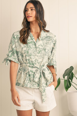 Green Boho Abstract V-Neck Button Shirt