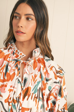 Yellow Abstract Print Drawstring Frill V Neck 3/4 Sleeve Blouse