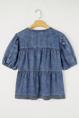 Sail Blue Plus Size Tie V Neck Puff Sleeve Denim Blouse