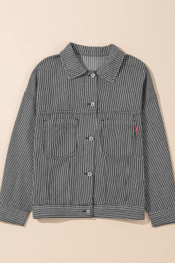 Blue Stripe Washed Oversized Pocketed Denim Jacket