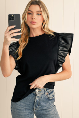 Black Leather Ruffle Shoulder Plain Blouse
