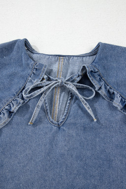 Dusk Blue Ruffle Collar Side Pockets Puff Sleeve Denim Mini Dress