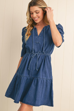 Blue Drawstring High Waist Puff Sleeve Denim Mini Dress