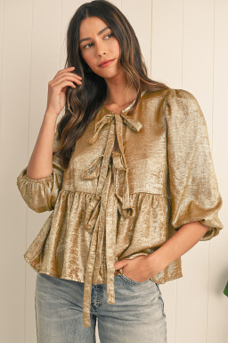Gold Solid Color Bowknot Front Puff Sleeve Blouse