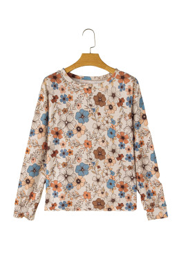 Khaki Allover Floral Print Crew Neck Long Sleeve Top