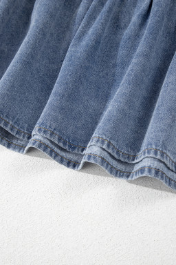 Dusk Blue Ruffle Collar Side Pockets Puff Sleeve Denim Mini Dress