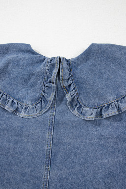 Dusk Blue Ruffle Collar Side Pockets Puff Sleeve Denim Mini Dress
