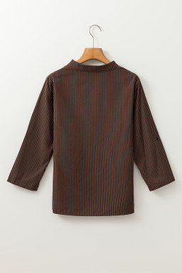 Brown Stripe V Neck Pocket Roll Up Sleeve Shirt