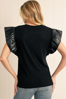 Black Leather Ruffle Shoulder Plain Blouse