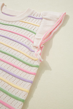 Oatmeal Colorful Striped Eyelet Knit Ruffle Top